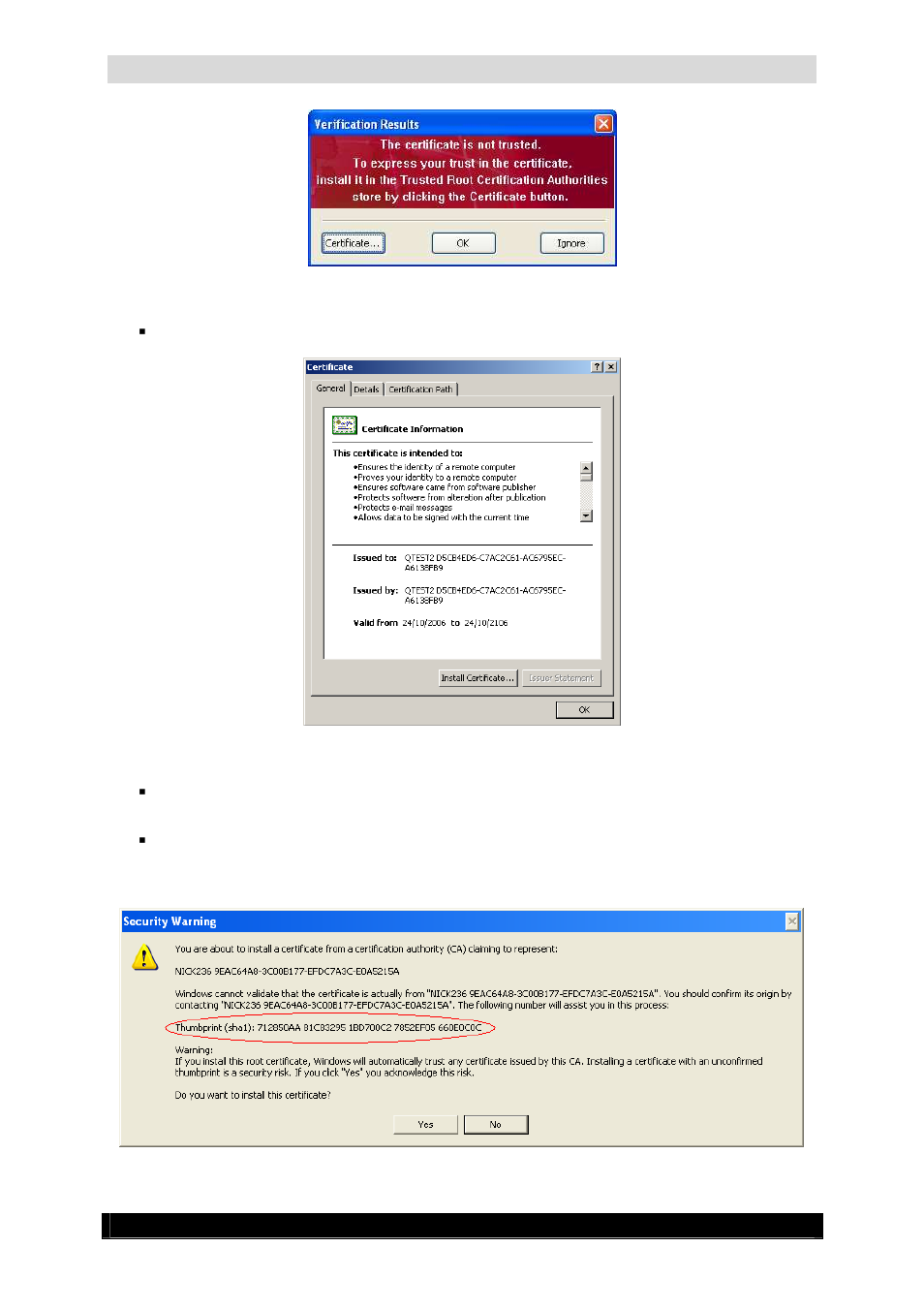 Video authentication manual, Version 4.4 series, Not trusted certificate warning screen | Certificate information screen, Security warning screen | Quadrox Video Authentication User Manual | Page 10 / 21