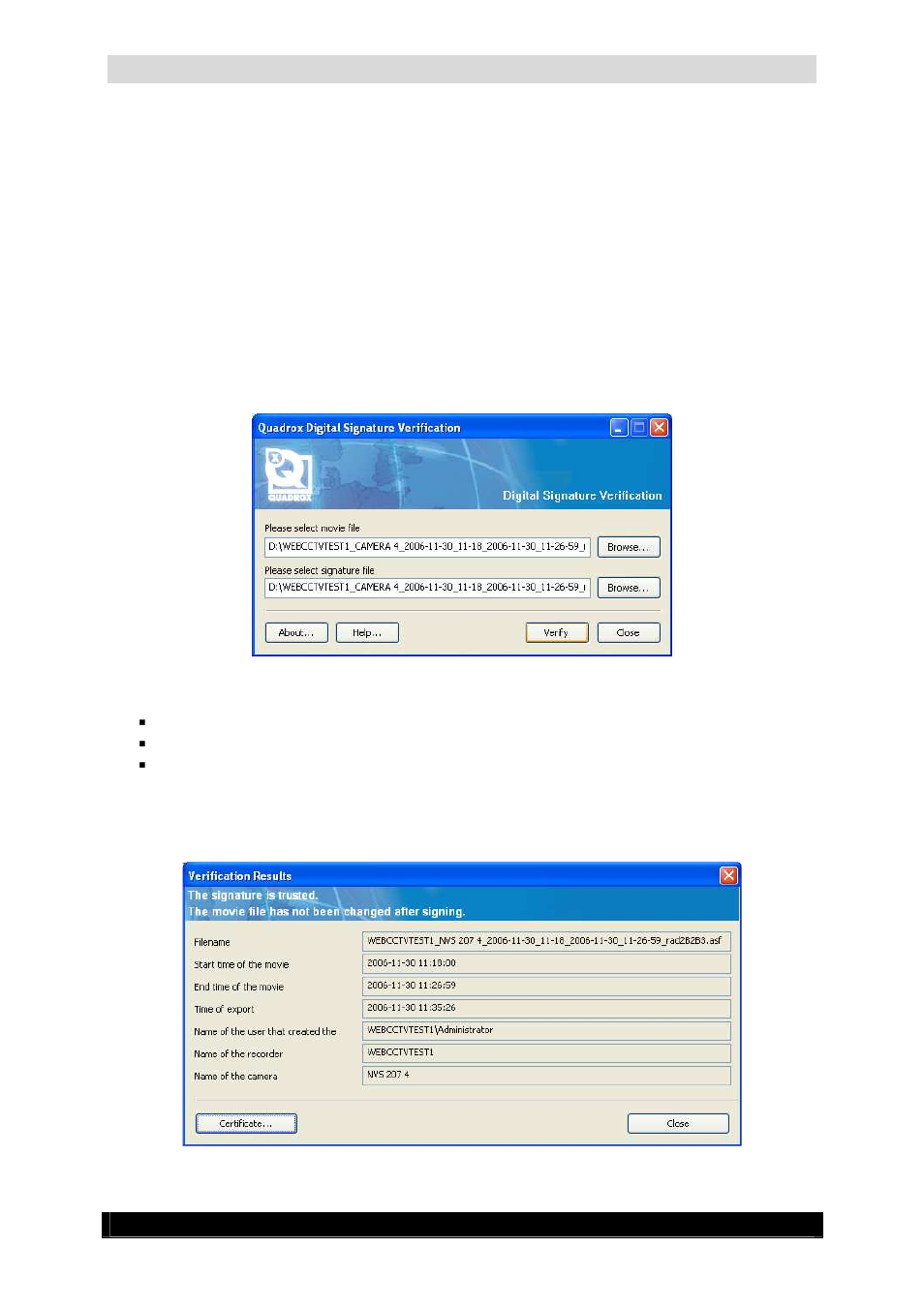 5 checking signature, Video authentication manual | Quadrox Video Authentication User Manual | Page 12 / 21