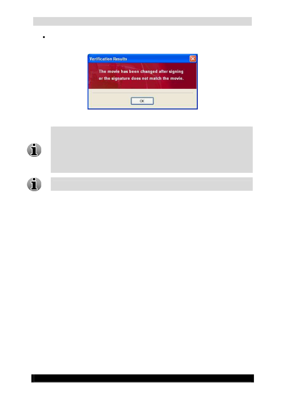 Video authentication manual, Version 4.4 series, Not trusted signature information screen | Quadrox Video Authentication User Manual | Page 13 / 21