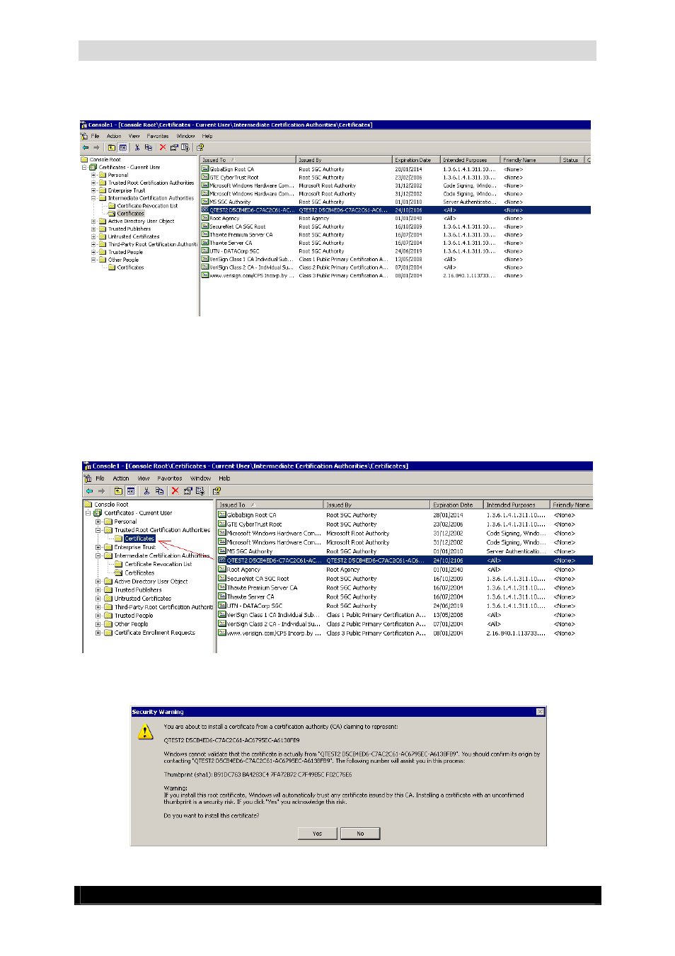 Video authentication manual, Version 4.4 series, Microsoft management console screen | Security warning screen | Quadrox Video Authentication User Manual | Page 16 / 21