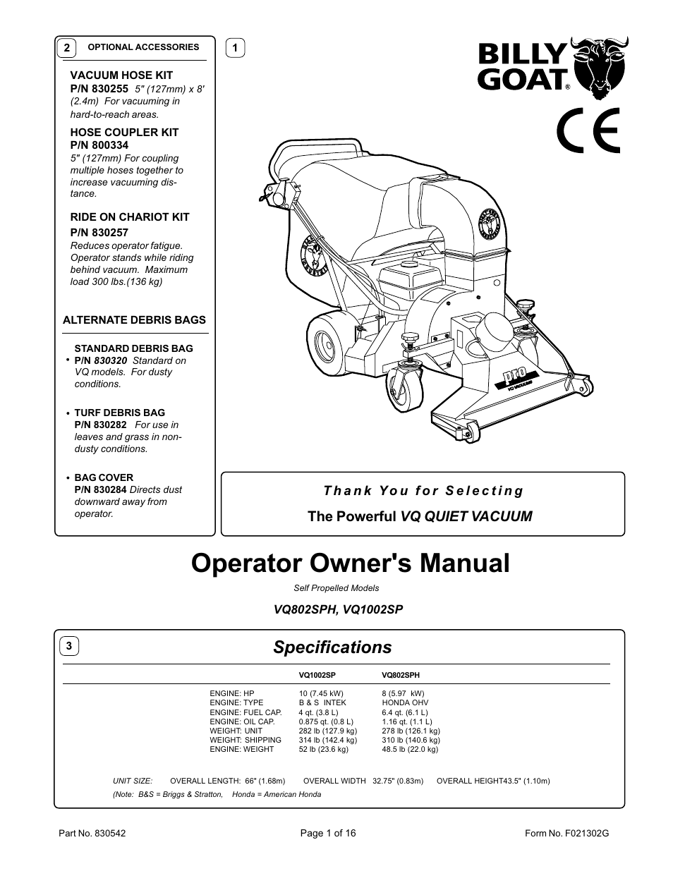 Billy Goat VQ802SPH User Manual | 16 pages