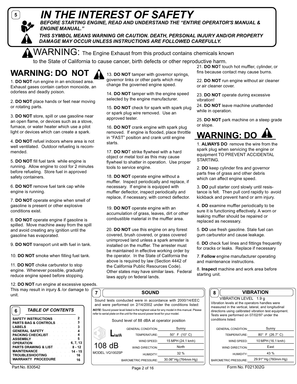 Warning, Warning: do, Warning: do not | 108 db | Billy Goat VQ802SPH User Manual | Page 2 / 16