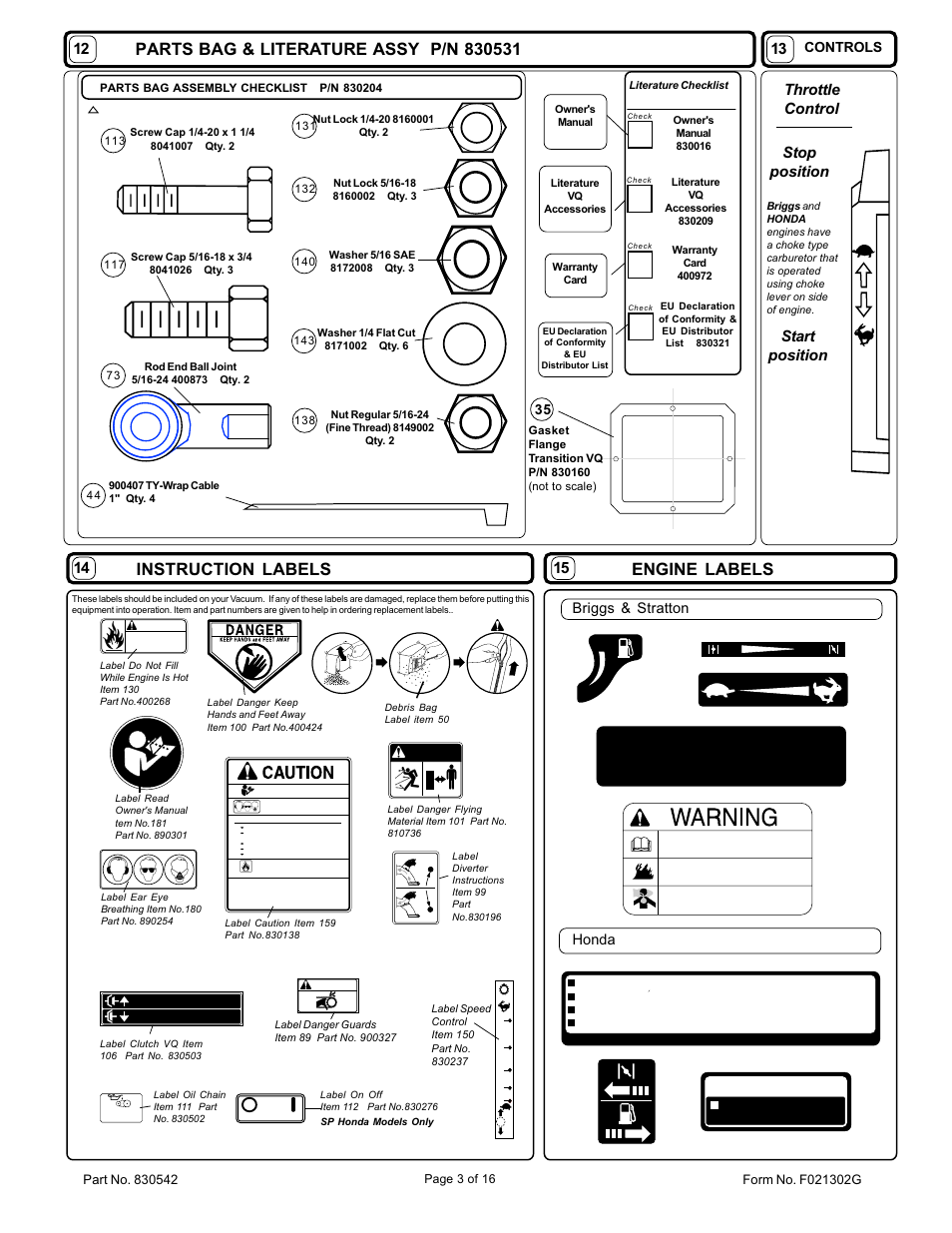 Instruction labels, Engine labels, Throttle control stop position | Start position, Controls, Briggs & stratton honda, Oil alert | Billy Goat VQ802SPH User Manual | Page 3 / 16