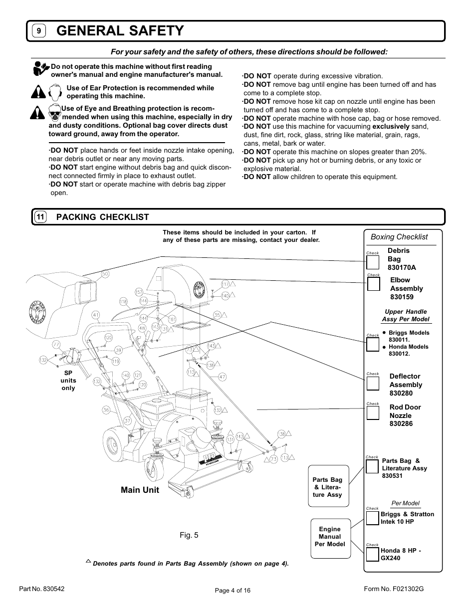 General safety, Packing checklist, Main unit | Billy Goat VQ802SPH User Manual | Page 4 / 16