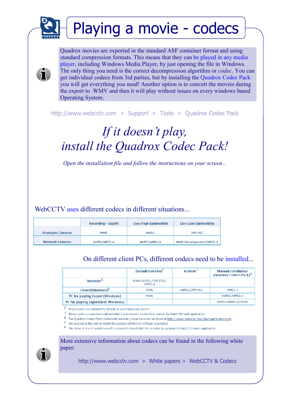 Playing a movie - codecs, If it doesn’t play, install the quadrox codec pack | Quadrox Export Quick Start Manual User Manual | Page 3 / 7