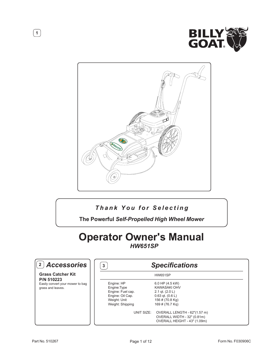 Billy Goat HW651SP User Manual | 12 pages