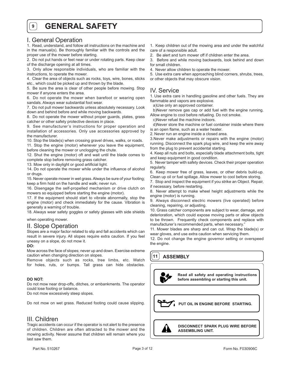 General safety, I. general operation, Ii. slope operation | Iii. children, Iv. service | Billy Goat HW651SP User Manual | Page 3 / 12