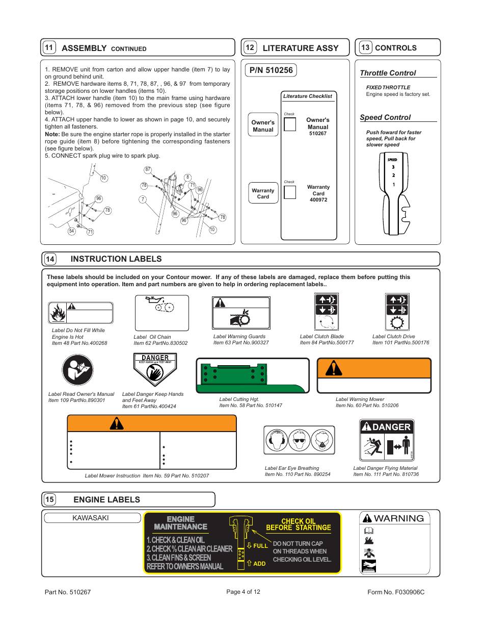 Instruction labels, Assembly, Engine labels | Warning, Literature assy, Every 10 hours, Oil chain, Controls throttle control, Speed control, Engine maintenance | Billy Goat HW651SP User Manual | Page 4 / 12