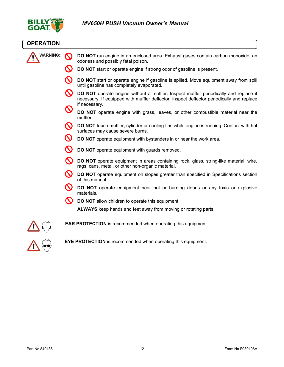 Mv650h push vacuum owner’s manual operation | Billy Goat MV650H User Manual | Page 12 / 28