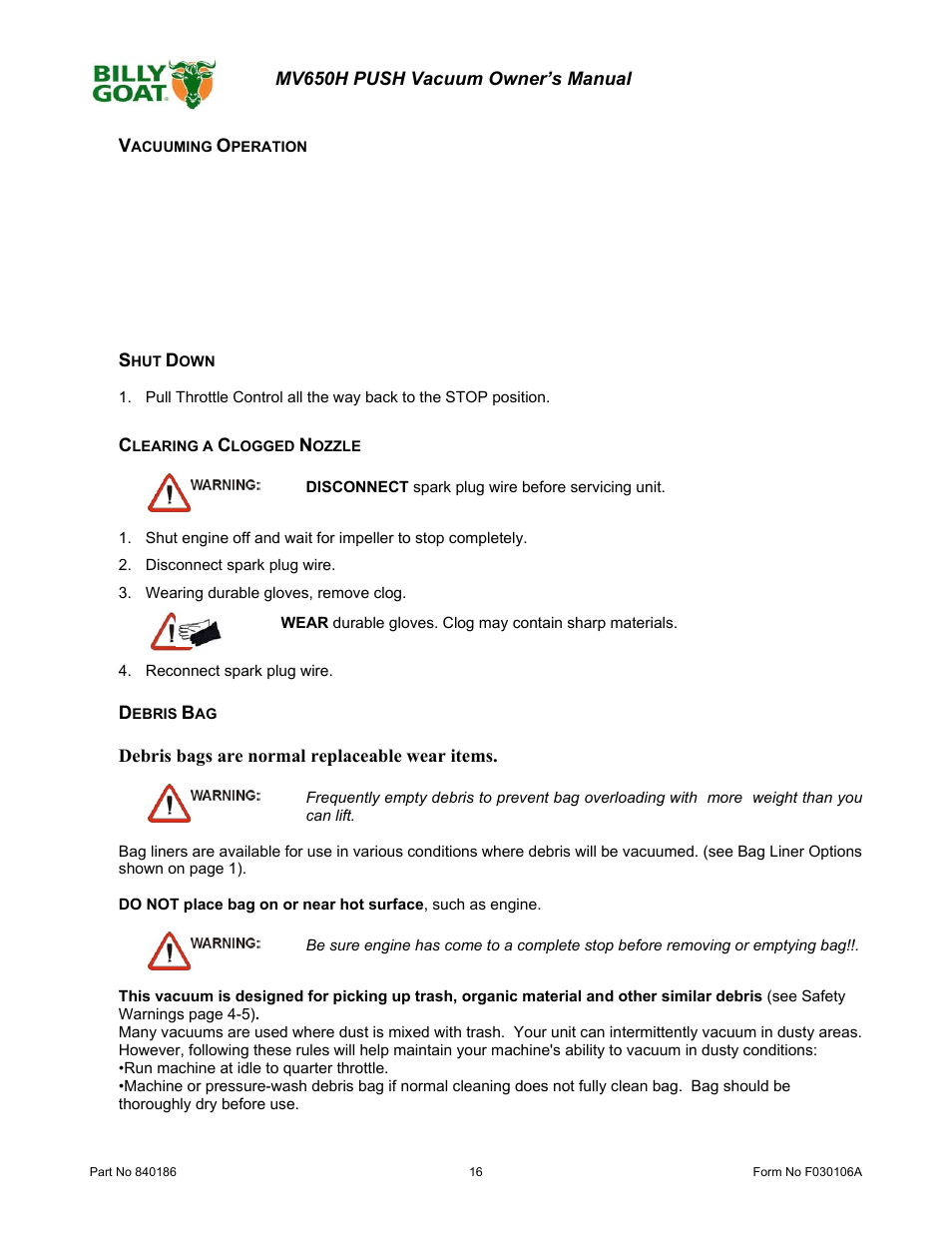 Billy Goat MV650H User Manual | Page 16 / 28