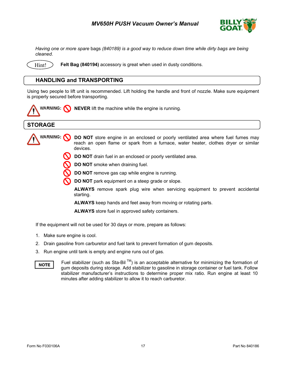 Billy Goat MV650H User Manual | Page 17 / 28