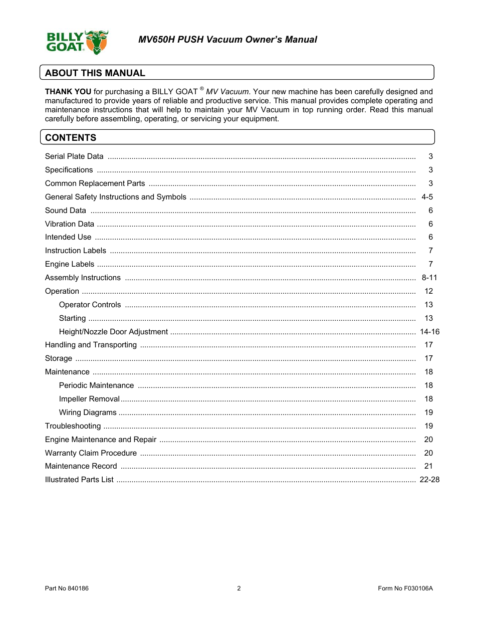 Billy Goat MV650H User Manual | Page 2 / 28