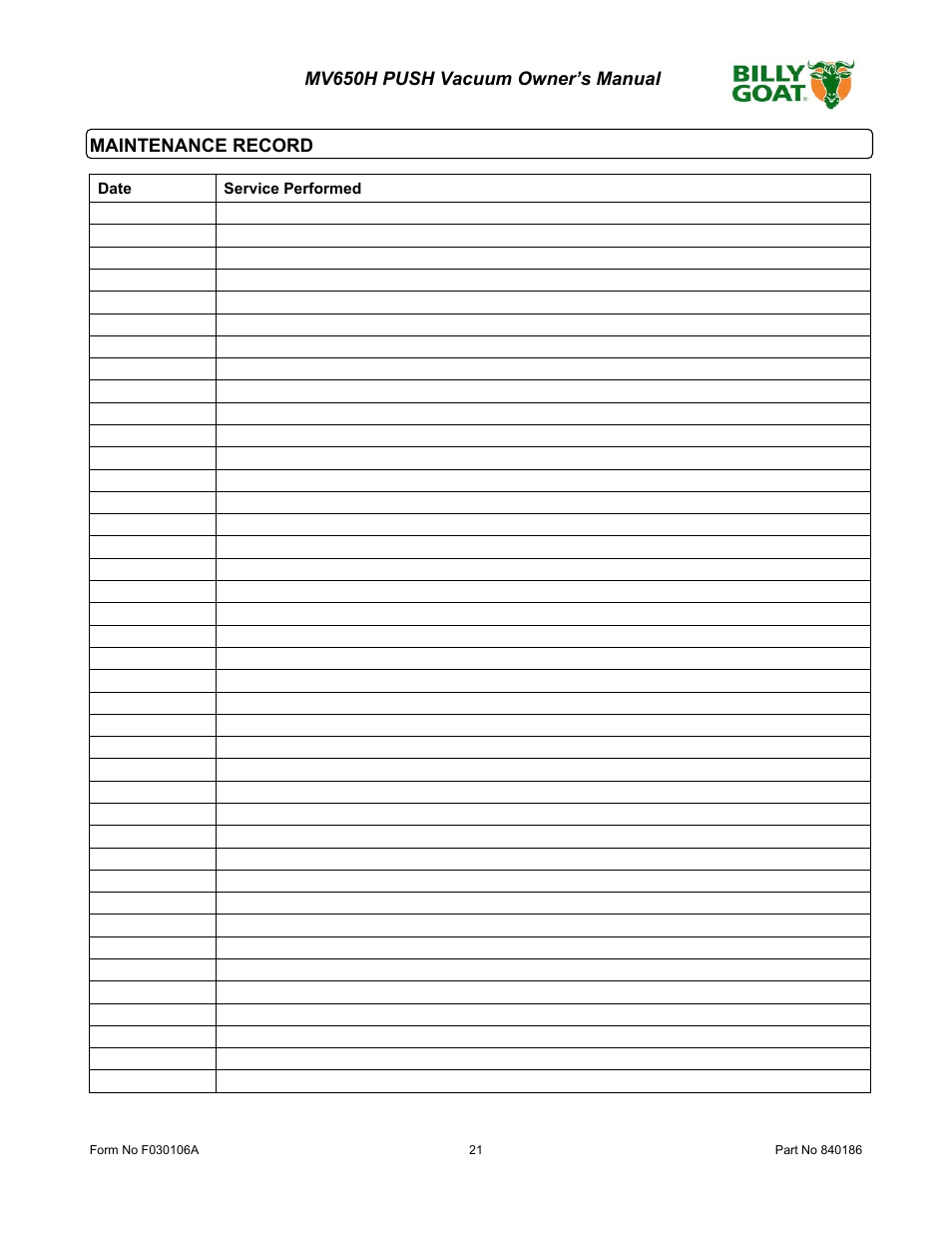 Billy Goat MV650H User Manual | Page 21 / 28