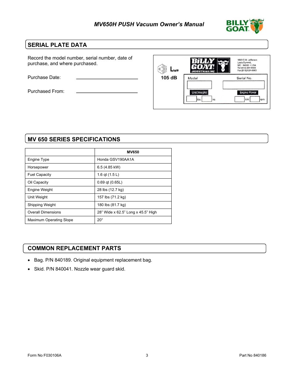 Mv 650 series specifications, Common replacement parts | Billy Goat MV650H User Manual | Page 3 / 28