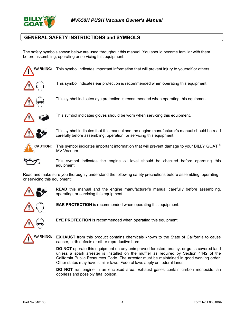 Mv650h push vacuum owner’s manual, General safety instructions and symbols | Billy Goat MV650H User Manual | Page 4 / 28