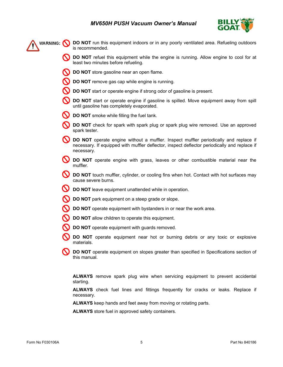 Billy Goat MV650H User Manual | Page 5 / 28