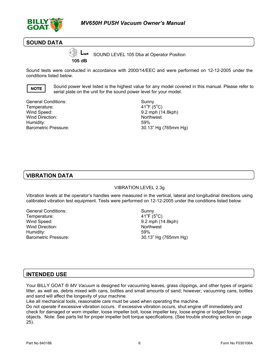 Billy Goat MV650H User Manual | Page 6 / 28