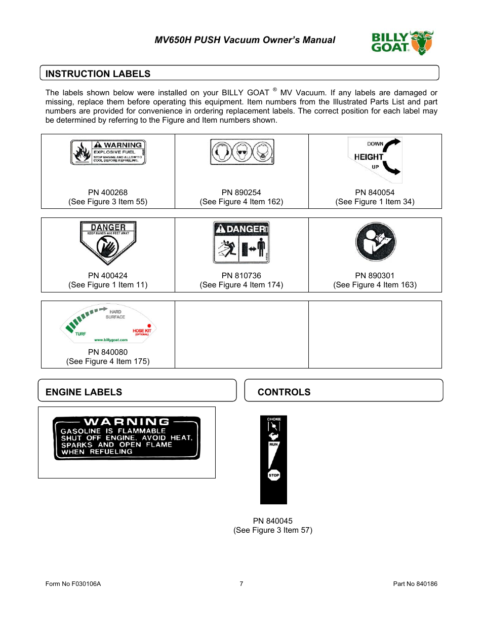 Engine labels controls | Billy Goat MV650H User Manual | Page 7 / 28