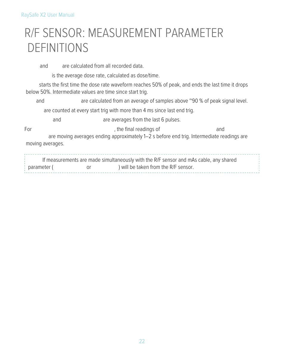 R/f sensor: measurement parameter definitions, R/f: measurement definitions | RaySafe X2 Manual User Manual | Page 22 / 51