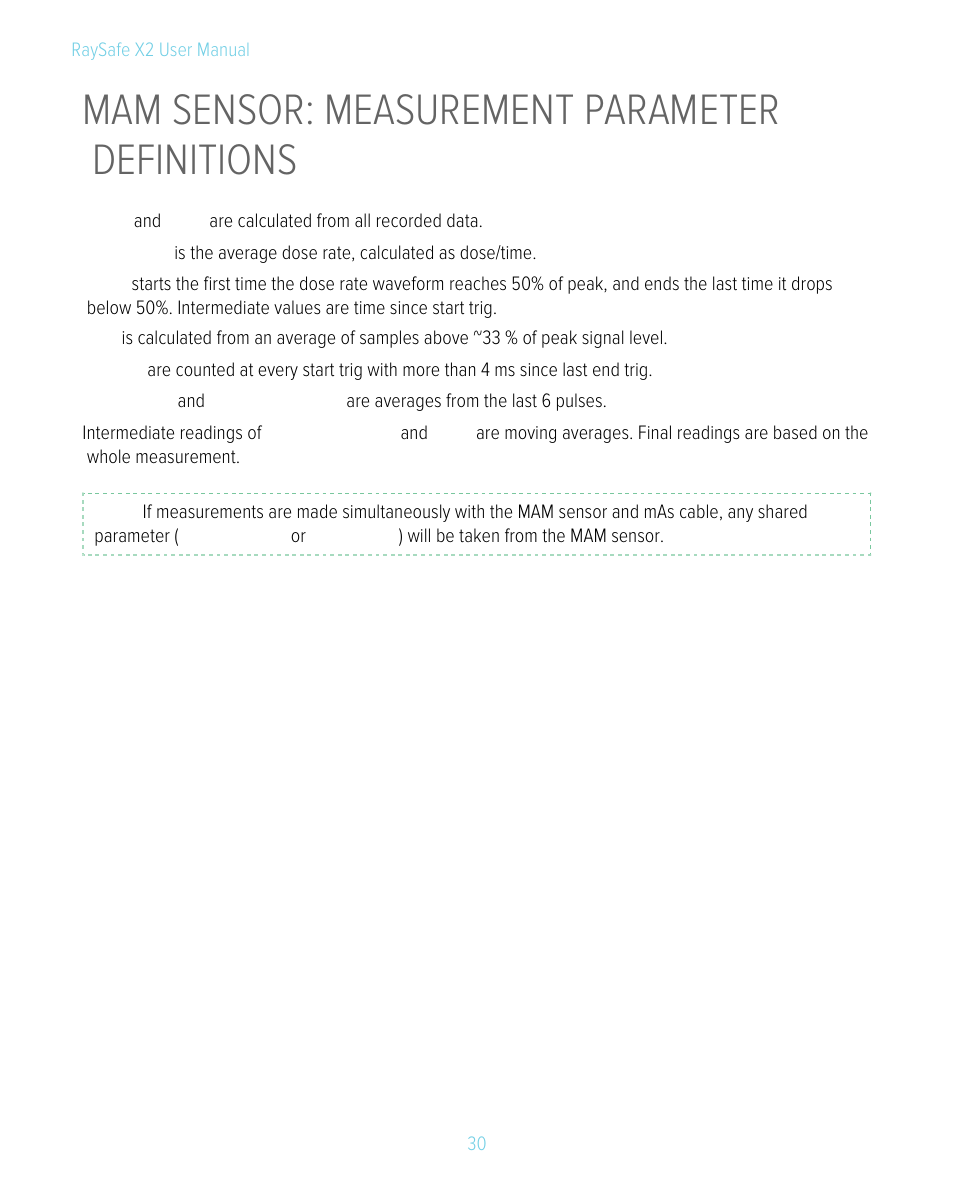 Mam sensor: measurement parameter definitions, Mam: measurement definitions | RaySafe X2 Manual User Manual | Page 30 / 51