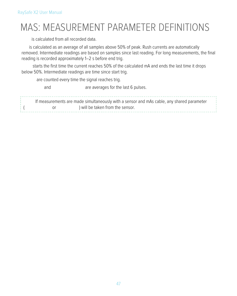 Mas sensor: measurement parameter definitions, Mas: measurement definitions, Mas: measurement parameter definitions | RaySafe X2 Manual User Manual | Page 47 / 51