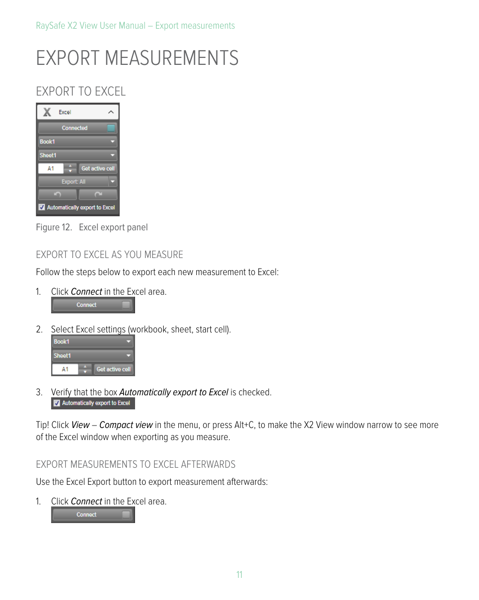 Export measurements, Export to excel | RaySafe X2 View User Manual | Page 11 / 18