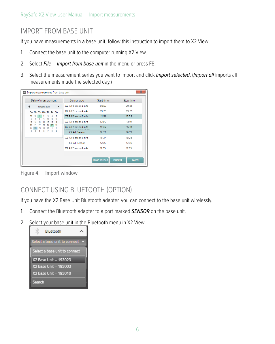 Import from base unit, Connect using bluetooth (option) | RaySafe X2 View User Manual | Page 6 / 18