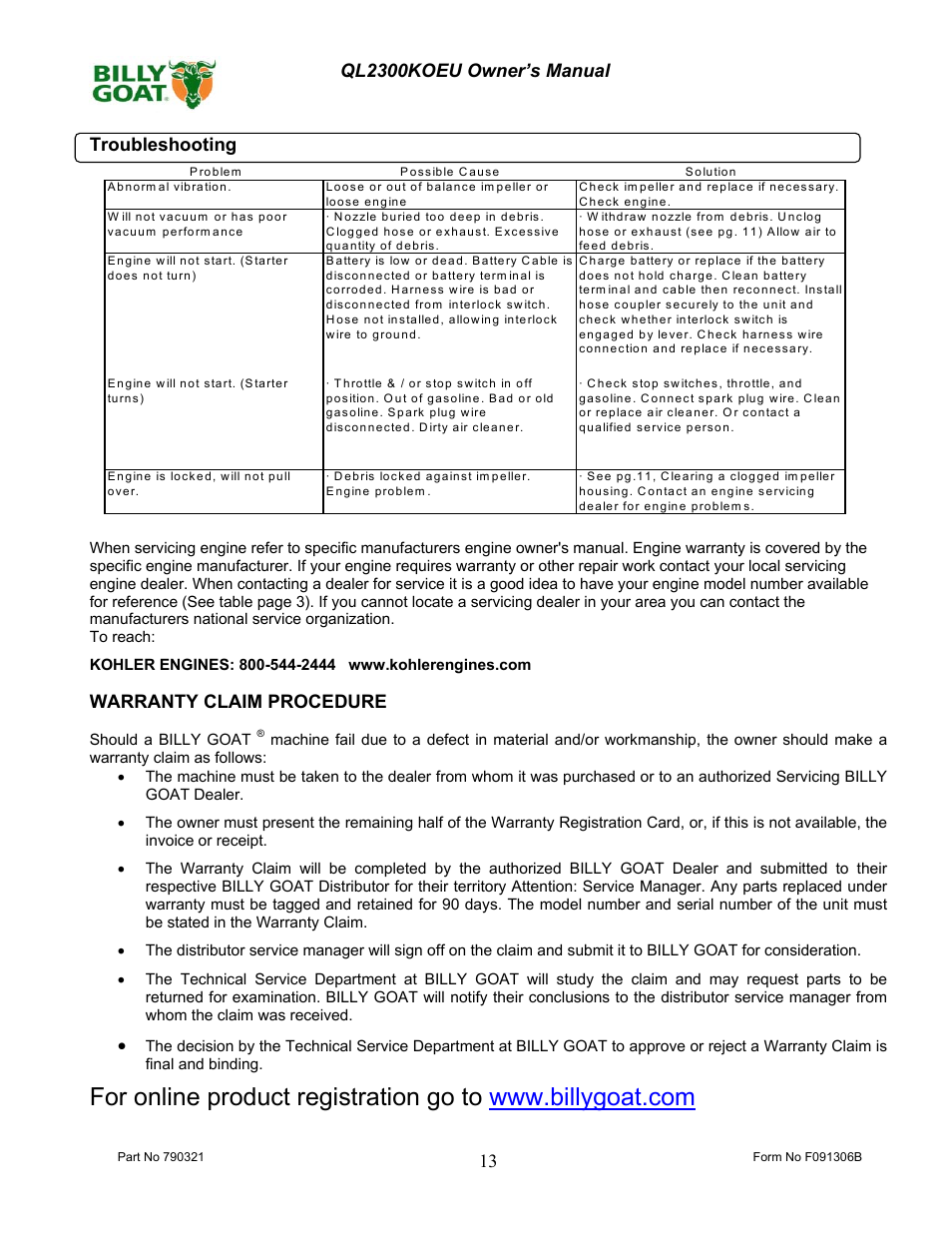 Billy Goat QL2300KOEU User Manual | Page 13 / 16