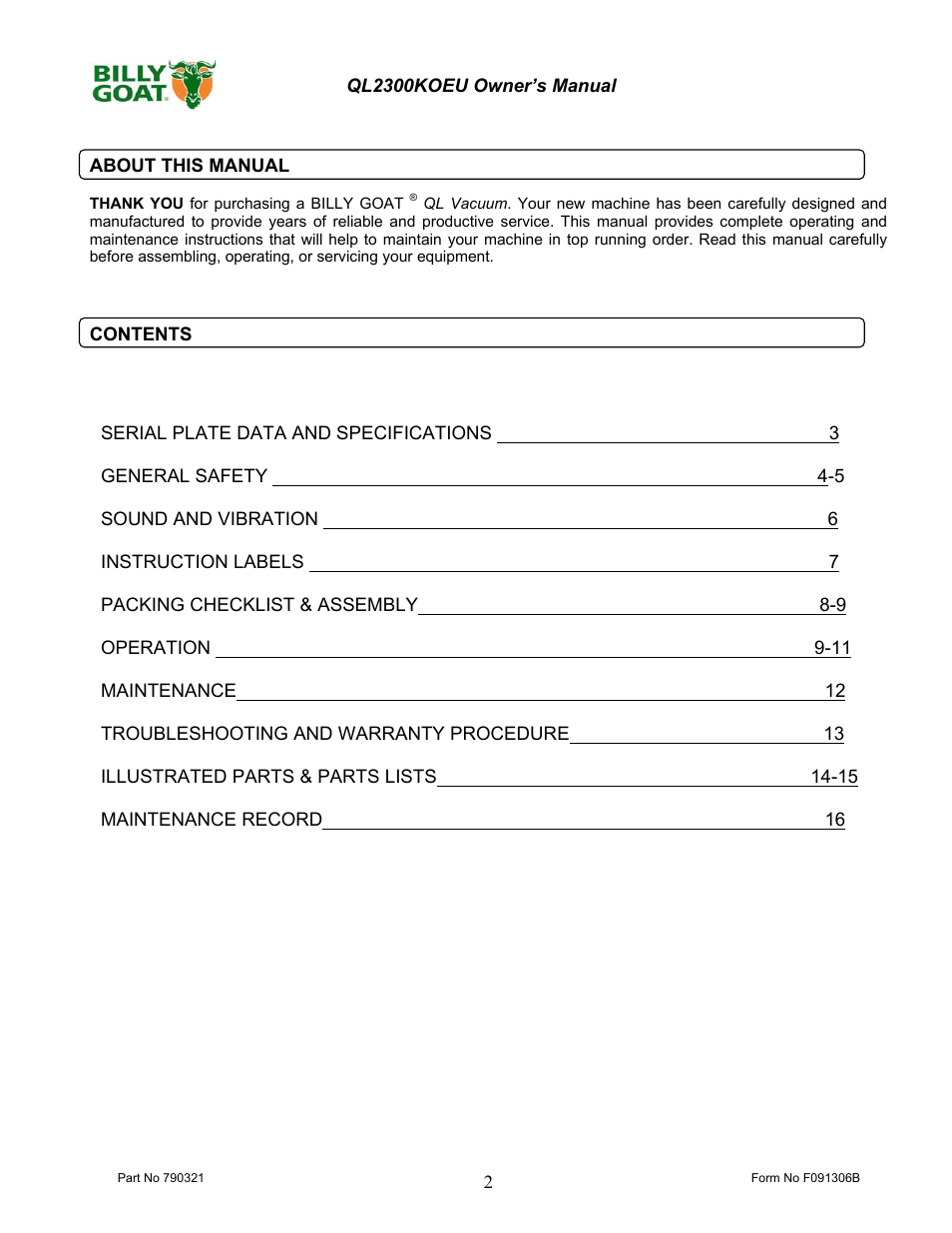 Billy Goat QL2300KOEU User Manual | Page 2 / 16