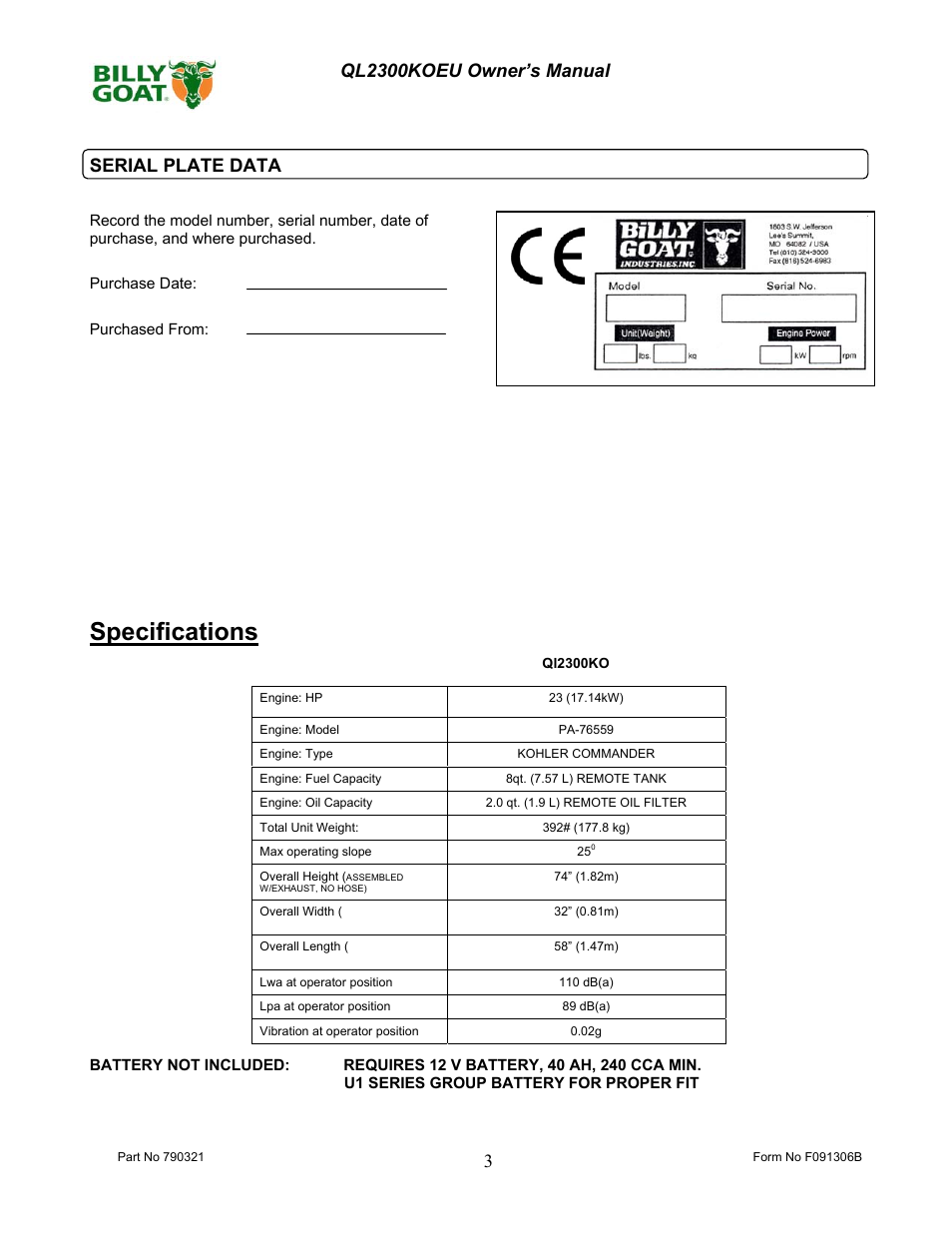 Specifications | Billy Goat QL2300KOEU User Manual | Page 3 / 16