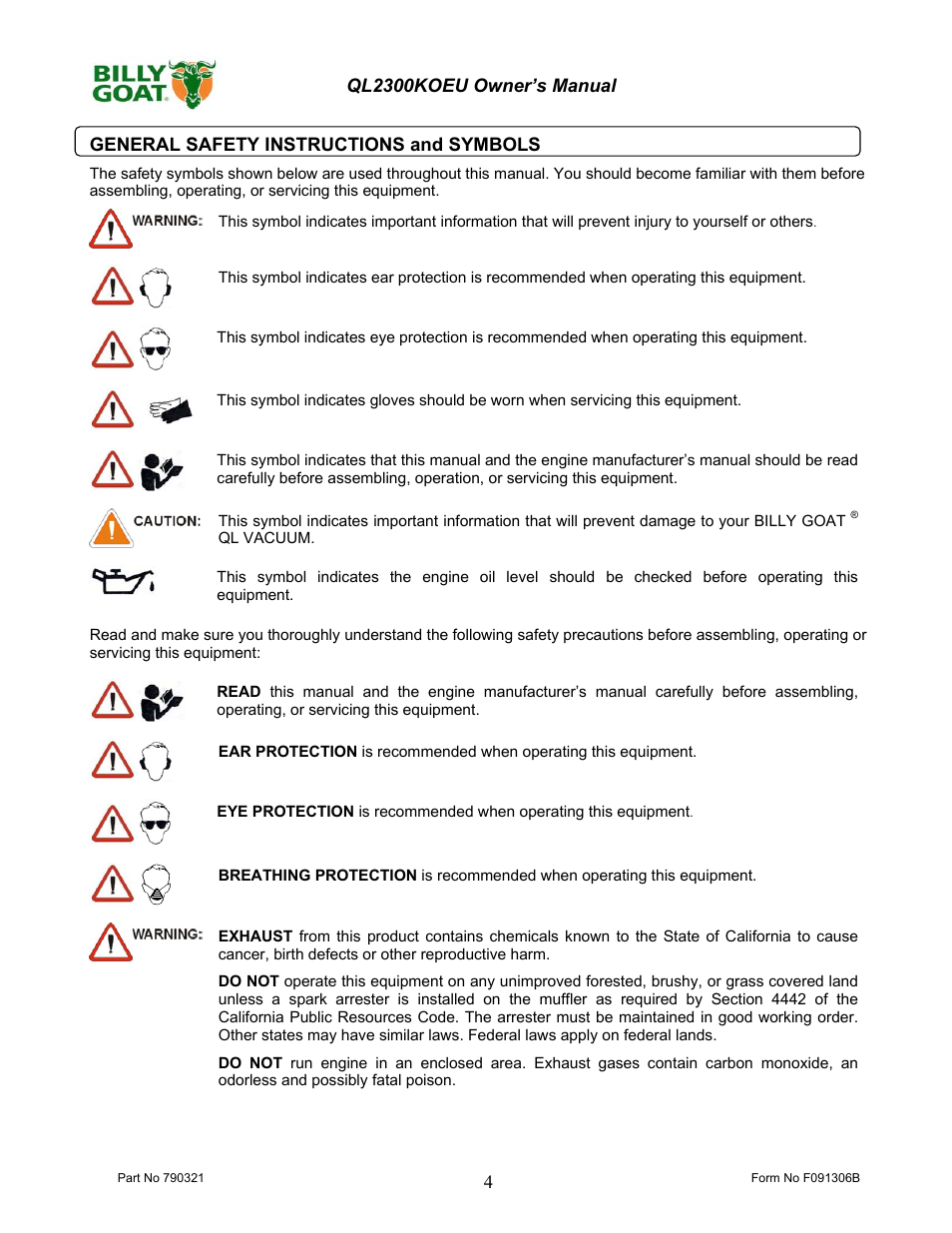 Billy Goat QL2300KOEU User Manual | Page 4 / 16