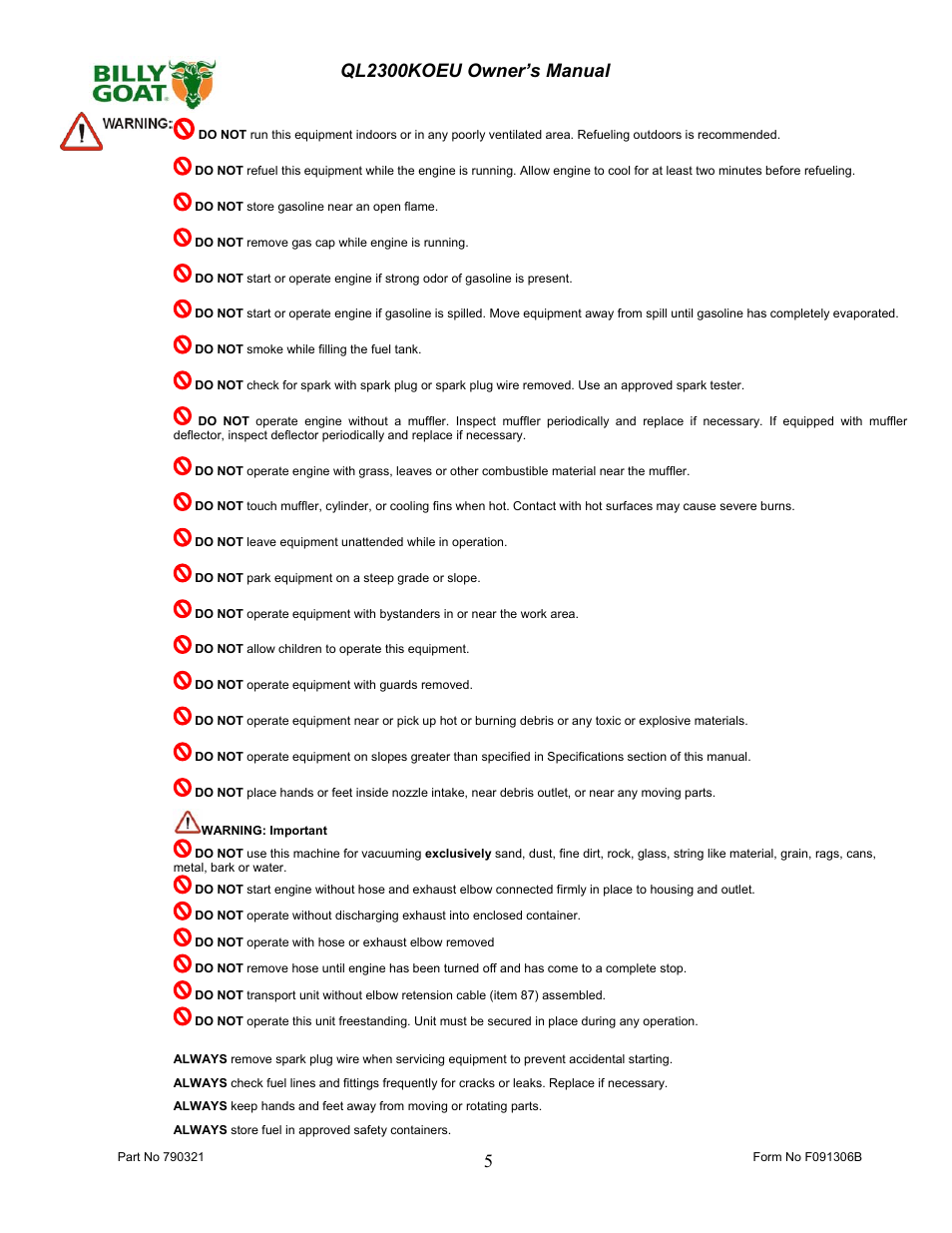 Billy Goat QL2300KOEU User Manual | Page 5 / 16