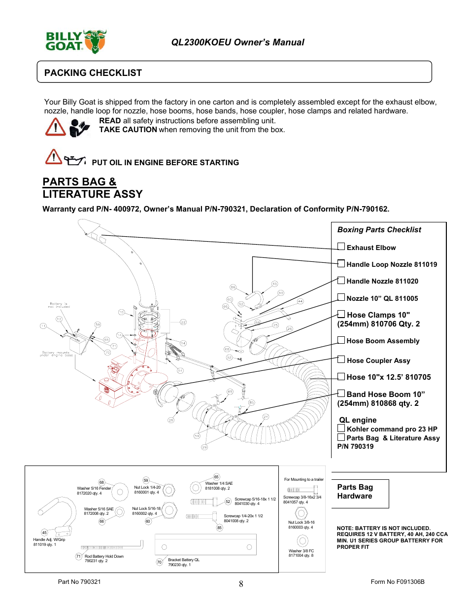 Parts bag & literature assy | Billy Goat QL2300KOEU User Manual | Page 8 / 16