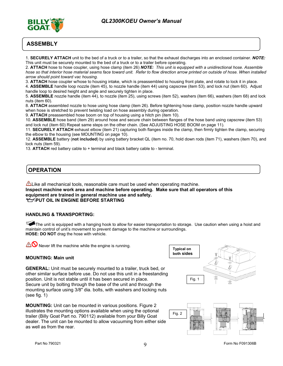 Billy Goat QL2300KOEU User Manual | Page 9 / 16