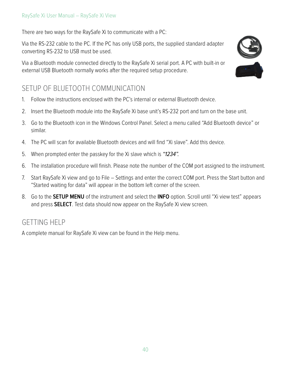 Setup of bluetooth communication, Getting help, Setup of bluetooth communication getting help | RaySafe Xi User Manual | Page 40 / 49