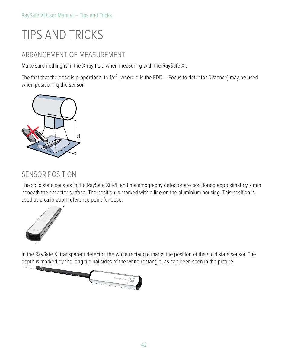 Tips and tricks, Arrangement of measurement, Sensor position | Arrangement of measurement sensor position | RaySafe Xi User Manual | Page 42 / 49