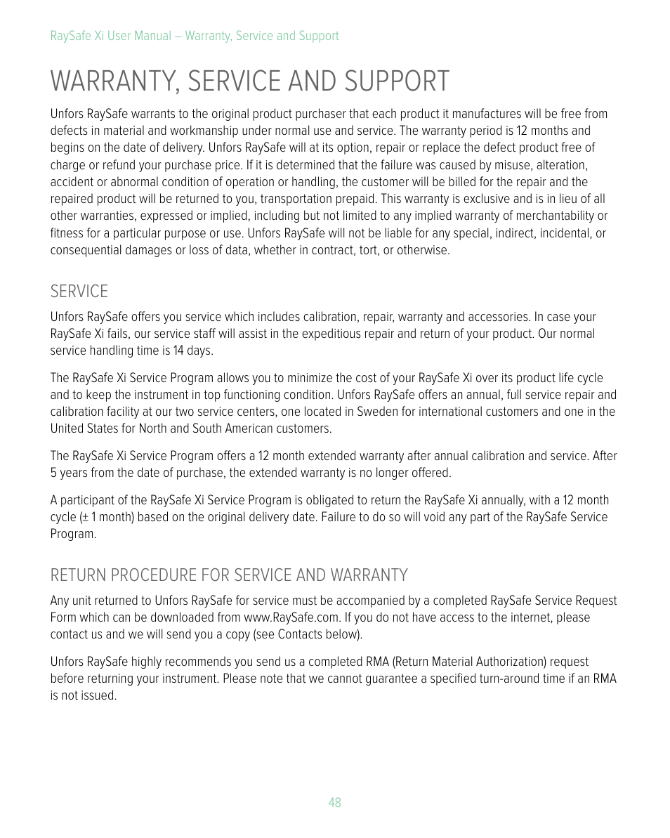 Warranty, service and support, Service, Return procedure for service and warranty | Service return procedure for service and warranty | RaySafe Xi User Manual | Page 48 / 49