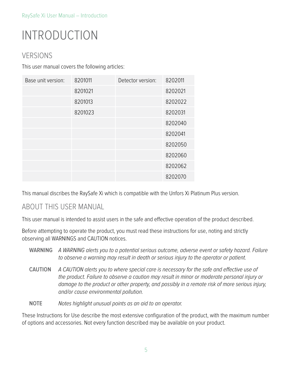 Introduction, Versions, About this user manual | RaySafe Xi User Manual | Page 5 / 49