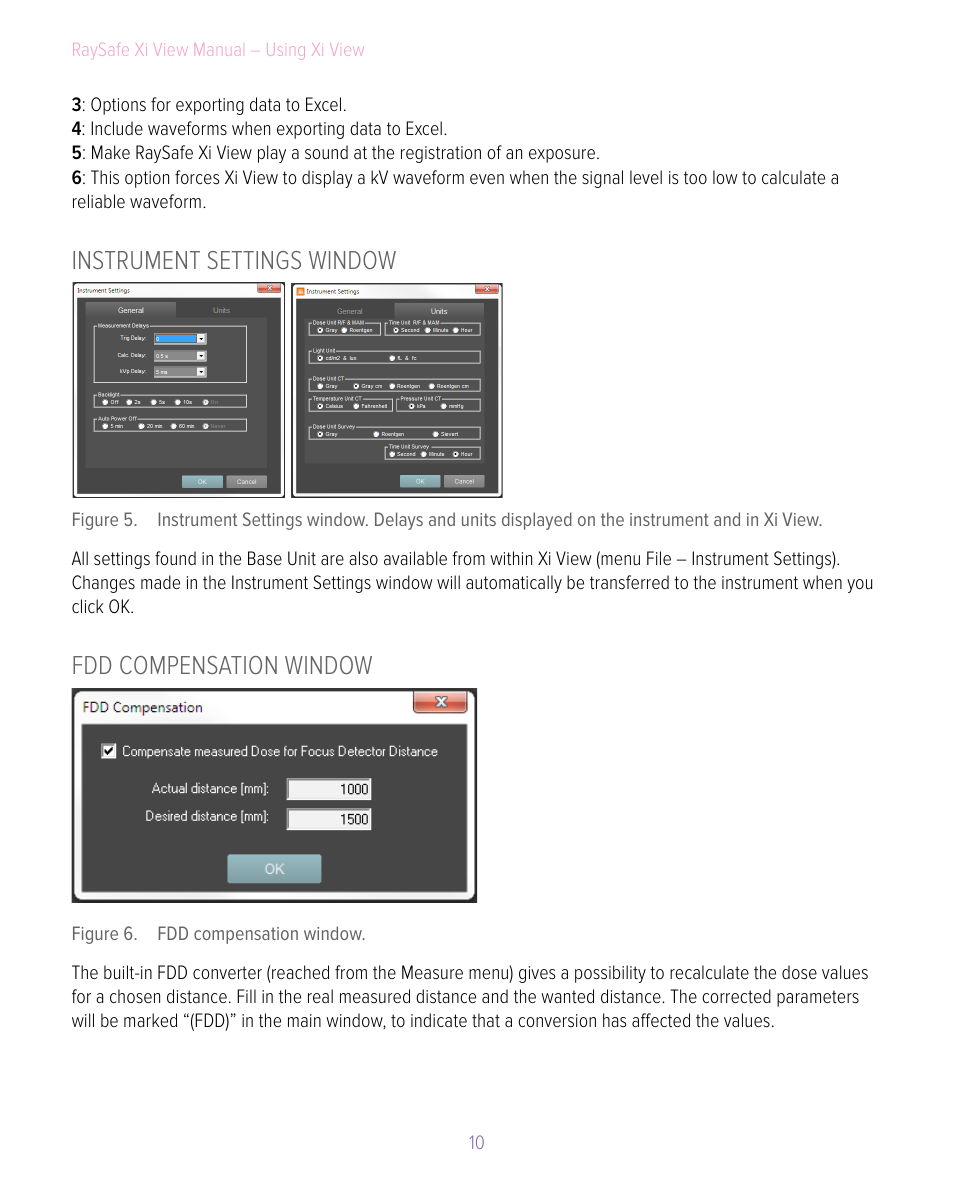 Instrument settings window, Fdd compensation window, Instrument settings window fdd compensation window | RaySafe Xi View User Manual | Page 10 / 15