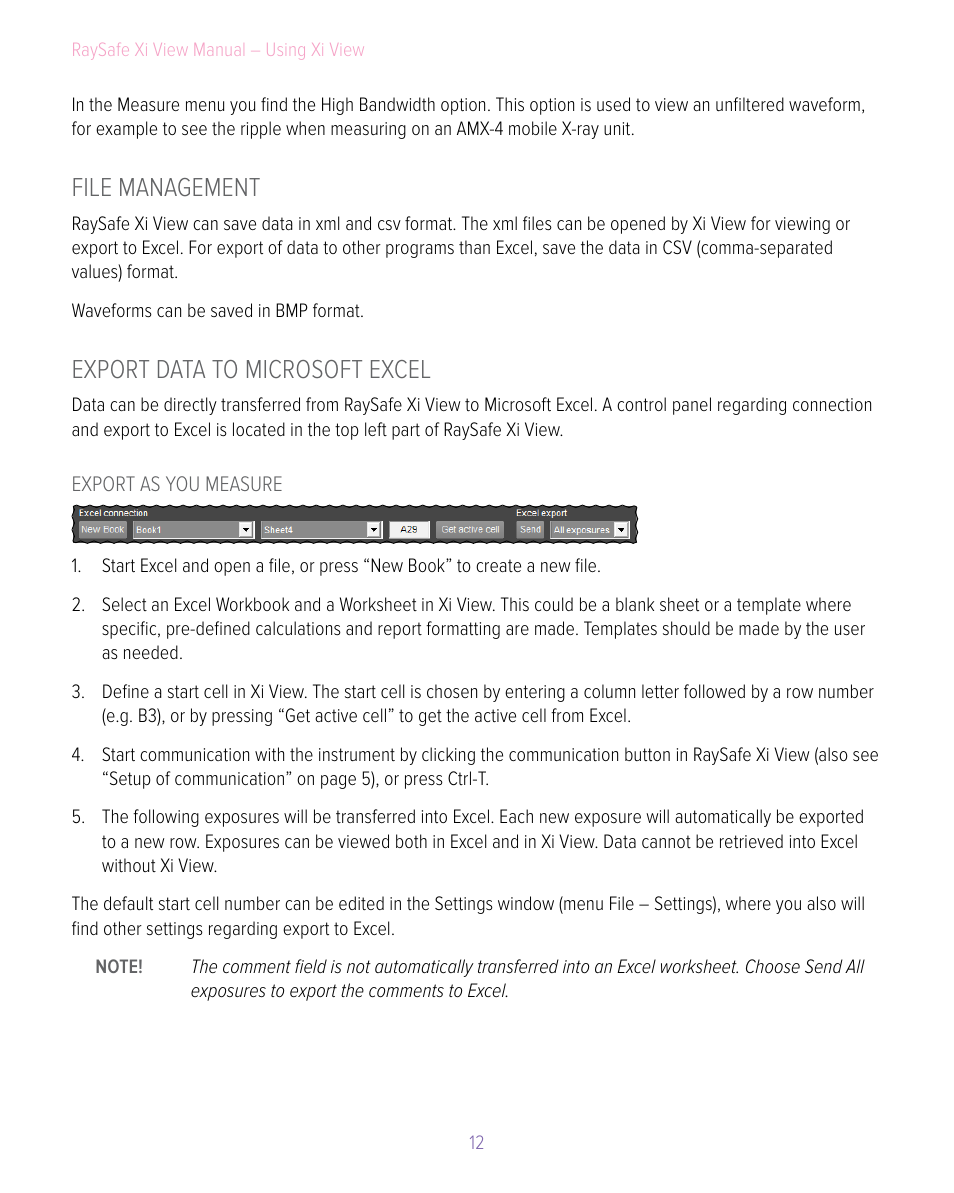 File management, Export data to microsoft excel, File management export data to microsoft excel | RaySafe Xi View User Manual | Page 12 / 15