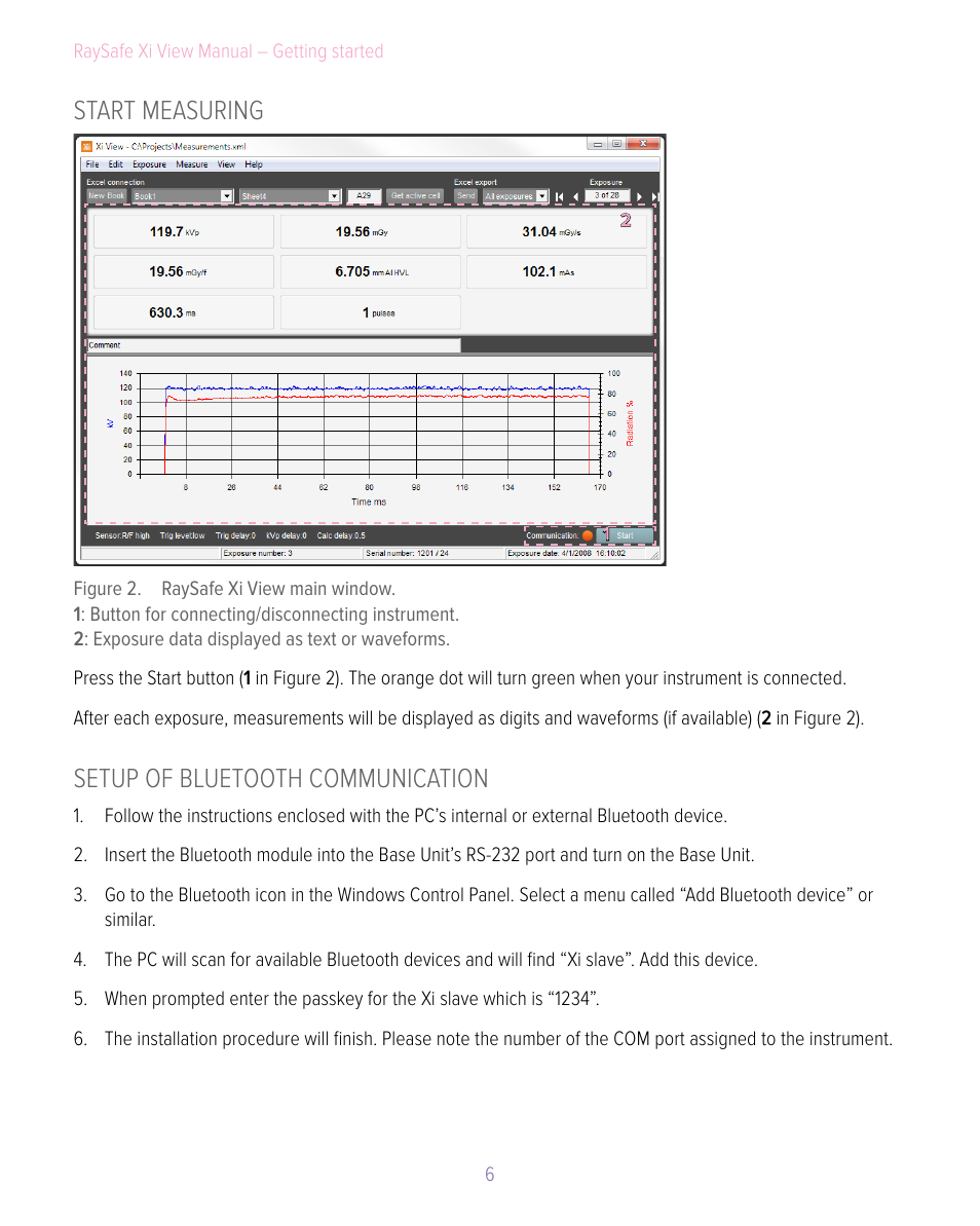 Start measuring, Setup of bluetooth communication, Start measuring setup of bluetooth communication | RaySafe Xi View User Manual | Page 6 / 15