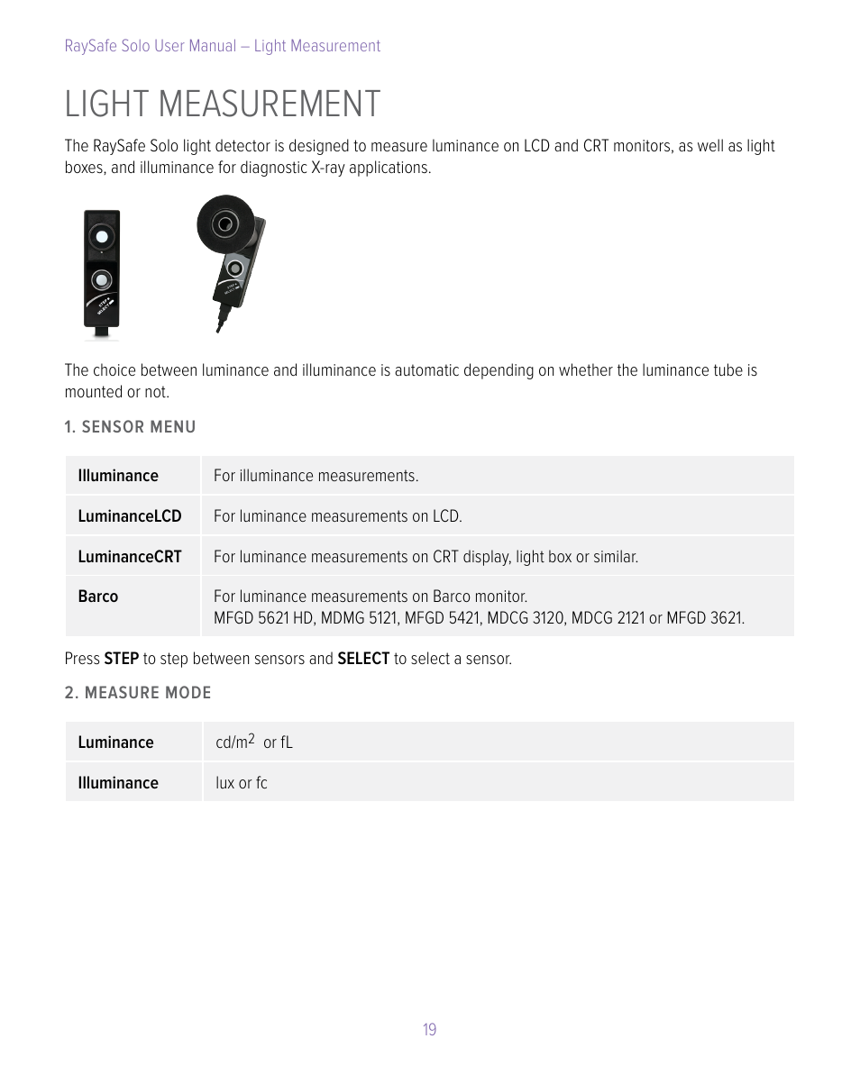 Light measurement | RaySafe Solo User Manual | Page 19 / 44