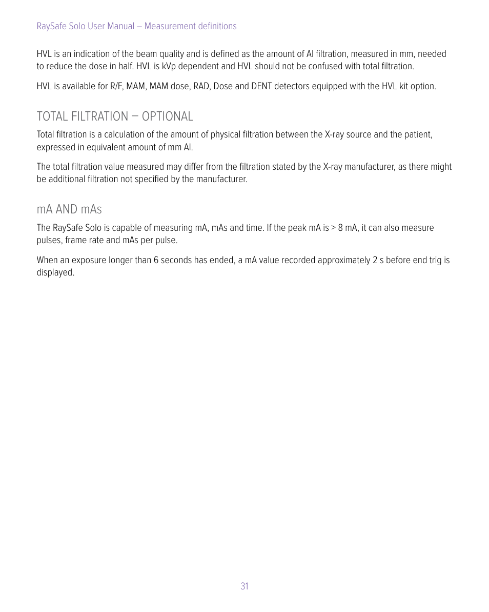 Total filtration – optional, Ma and mas, Total filtration – optional ma and mas | RaySafe Solo User Manual | Page 31 / 44