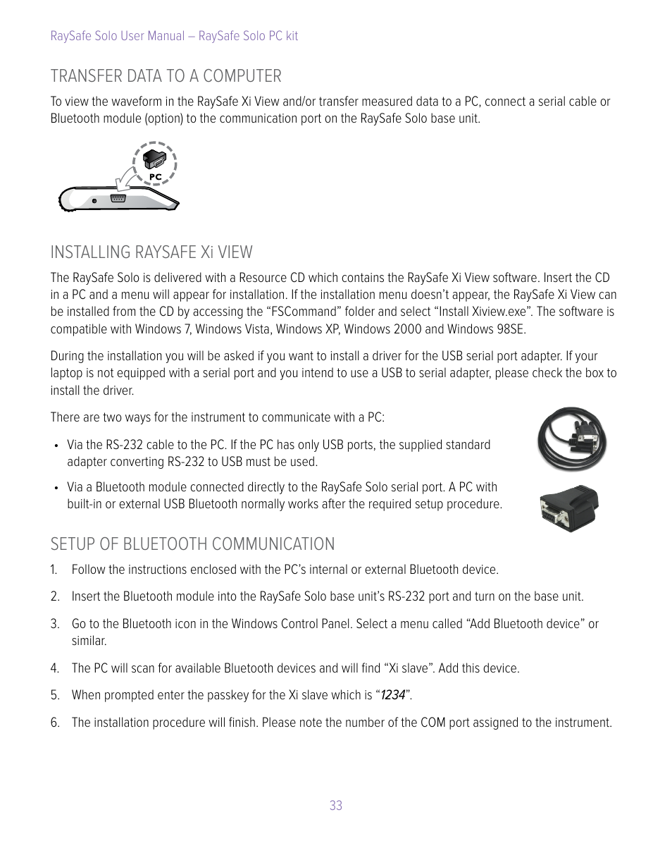 Transfer data to a computer, Installing raysafe xi view, Setup of bluetooth communication | RaySafe Solo User Manual | Page 33 / 44