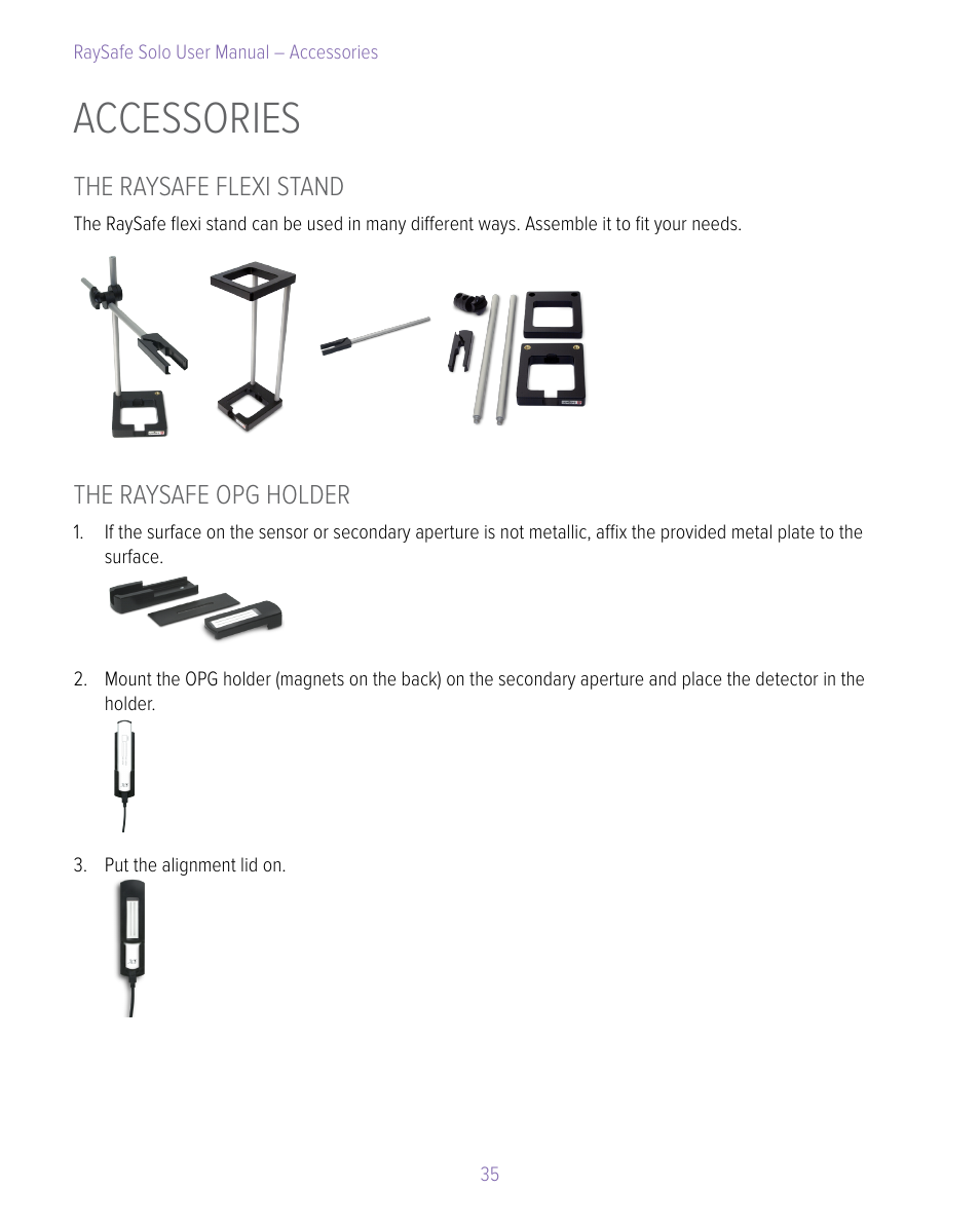 Accessories, The raysafe flexi stand, The raysafe opg holder | The raysafe flexi stand the raysafe opg holder | RaySafe Solo User Manual | Page 35 / 44
