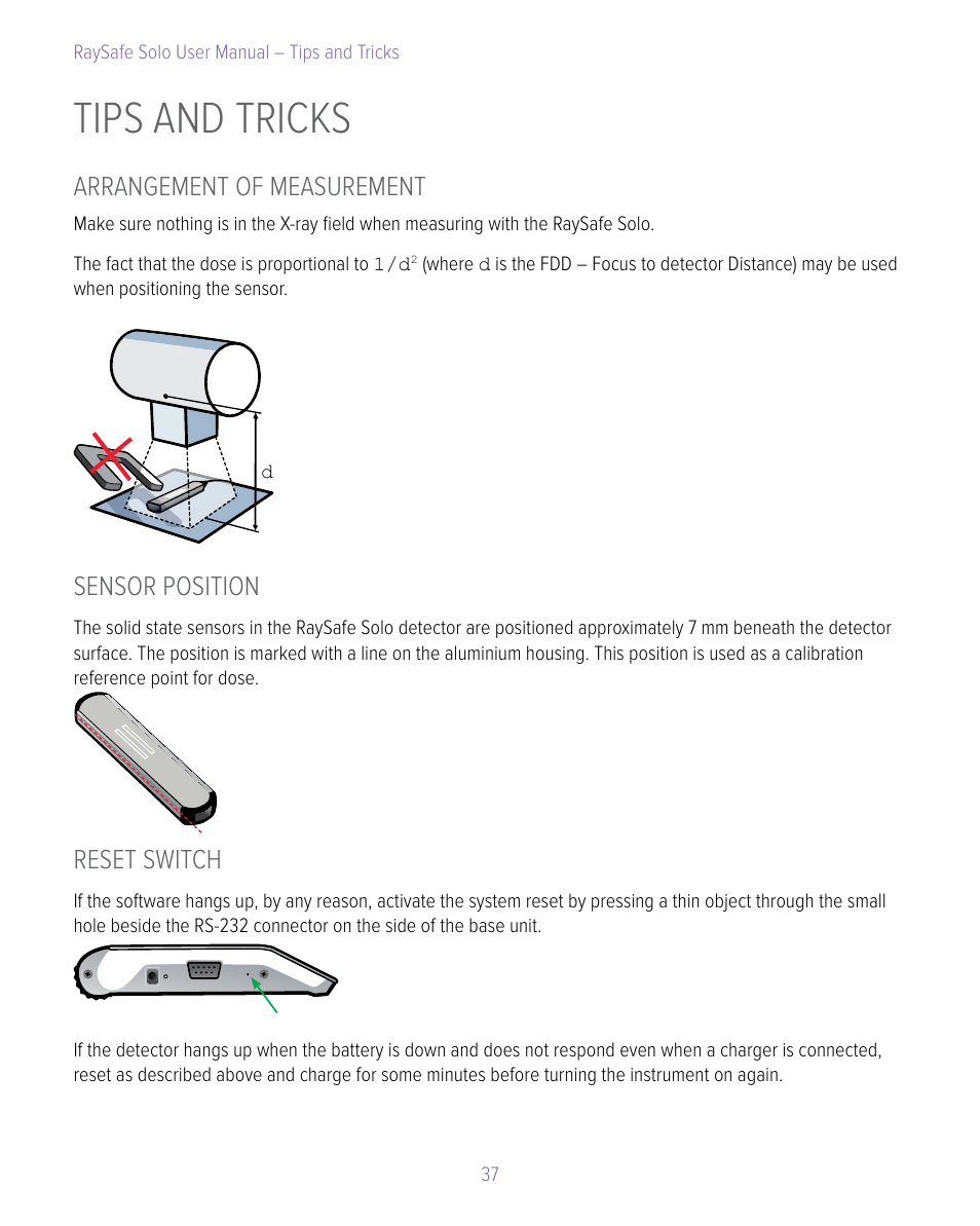 Tips and tricks, Arrangement of measurement, Sensor position | Reset switch | RaySafe Solo User Manual | Page 37 / 44