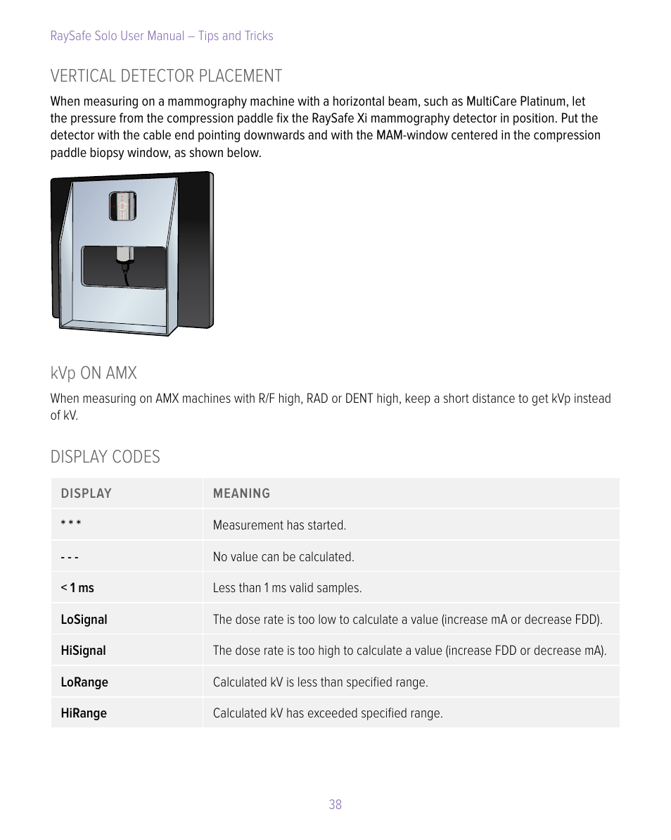 Vertical detector placement, Kvp on amx, Display codes | RaySafe Solo User Manual | Page 38 / 44