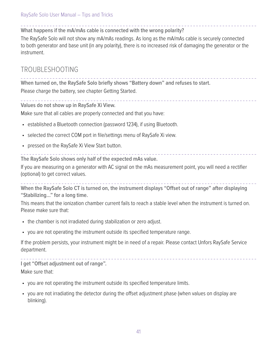 Troubleshooting | RaySafe Solo User Manual | Page 41 / 44