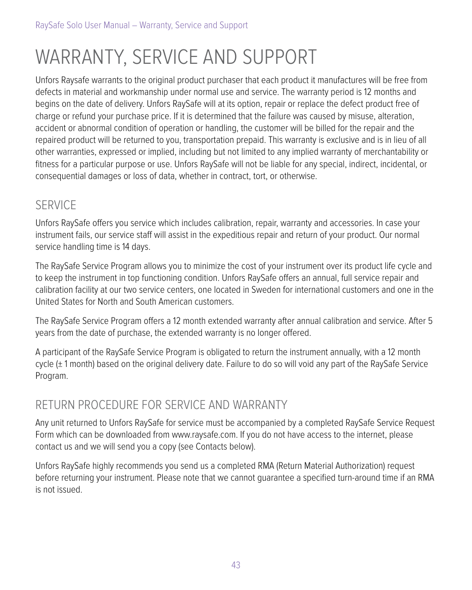 Warranty, service and support, Service, Return procedure for service and warranty | Service return procedure for service and warranty | RaySafe Solo User Manual | Page 43 / 44