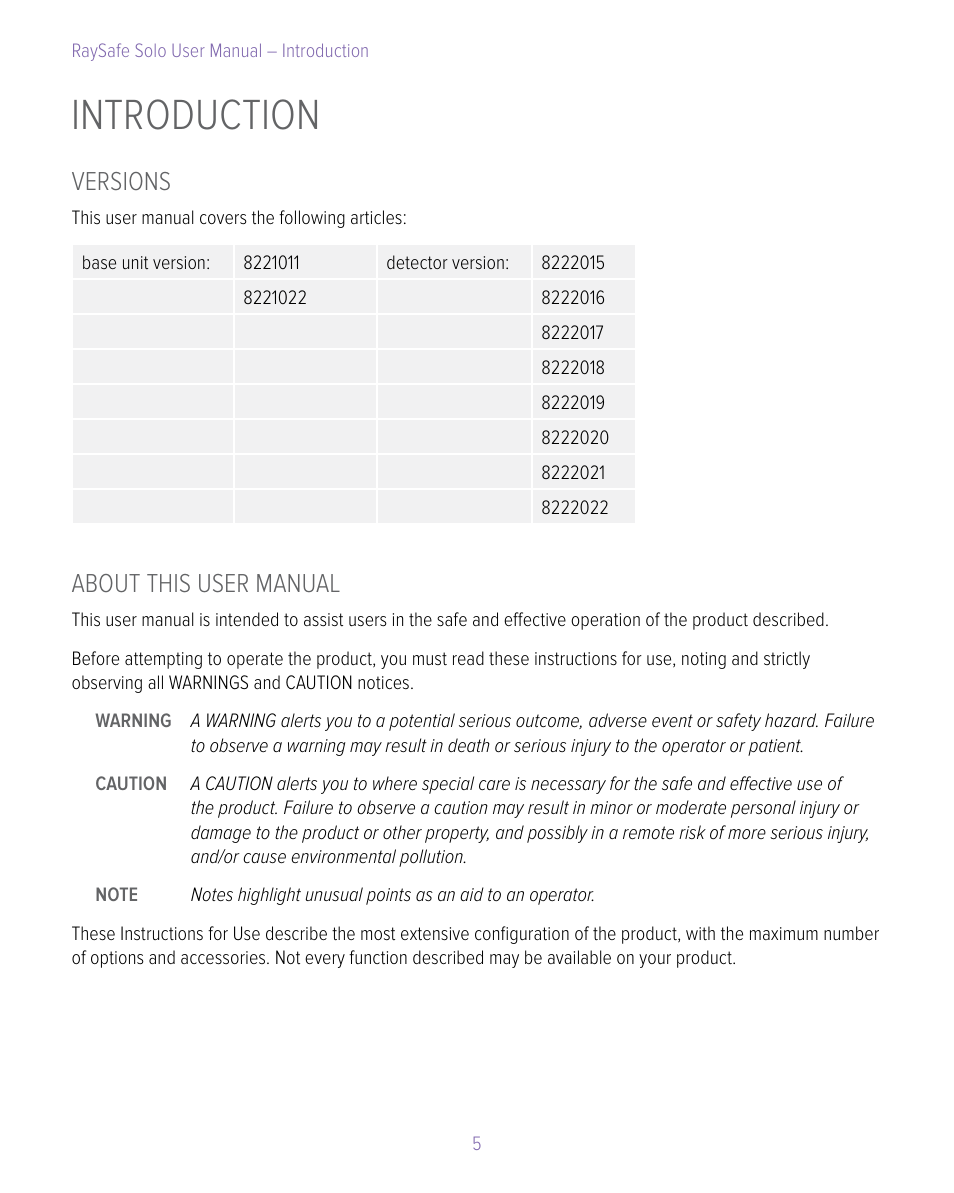 Introduction, Versions, About this user manual | Versions about this user manual | RaySafe Solo User Manual | Page 5 / 44